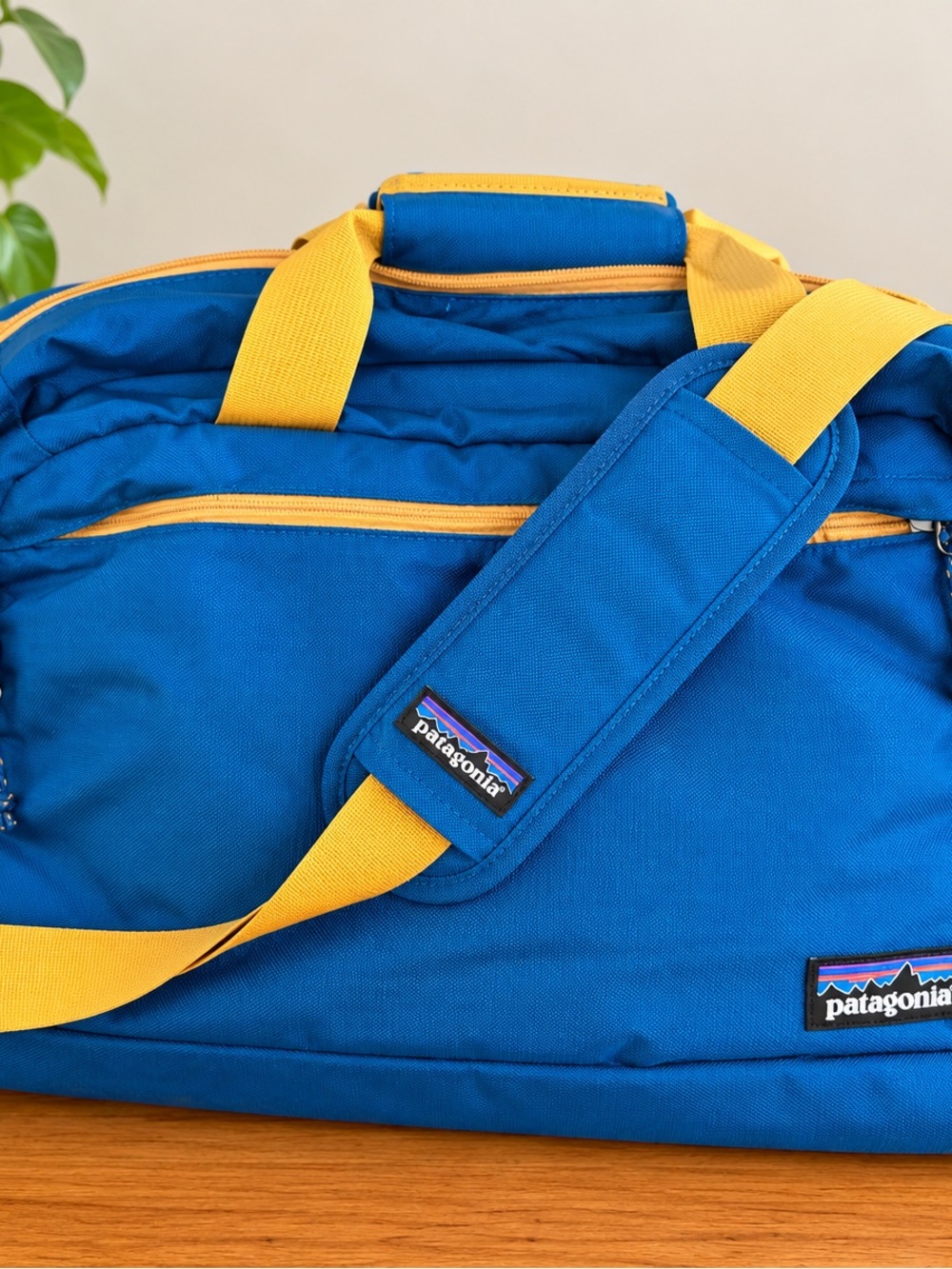 Patagonia Blue Duffel with Yellow Straps